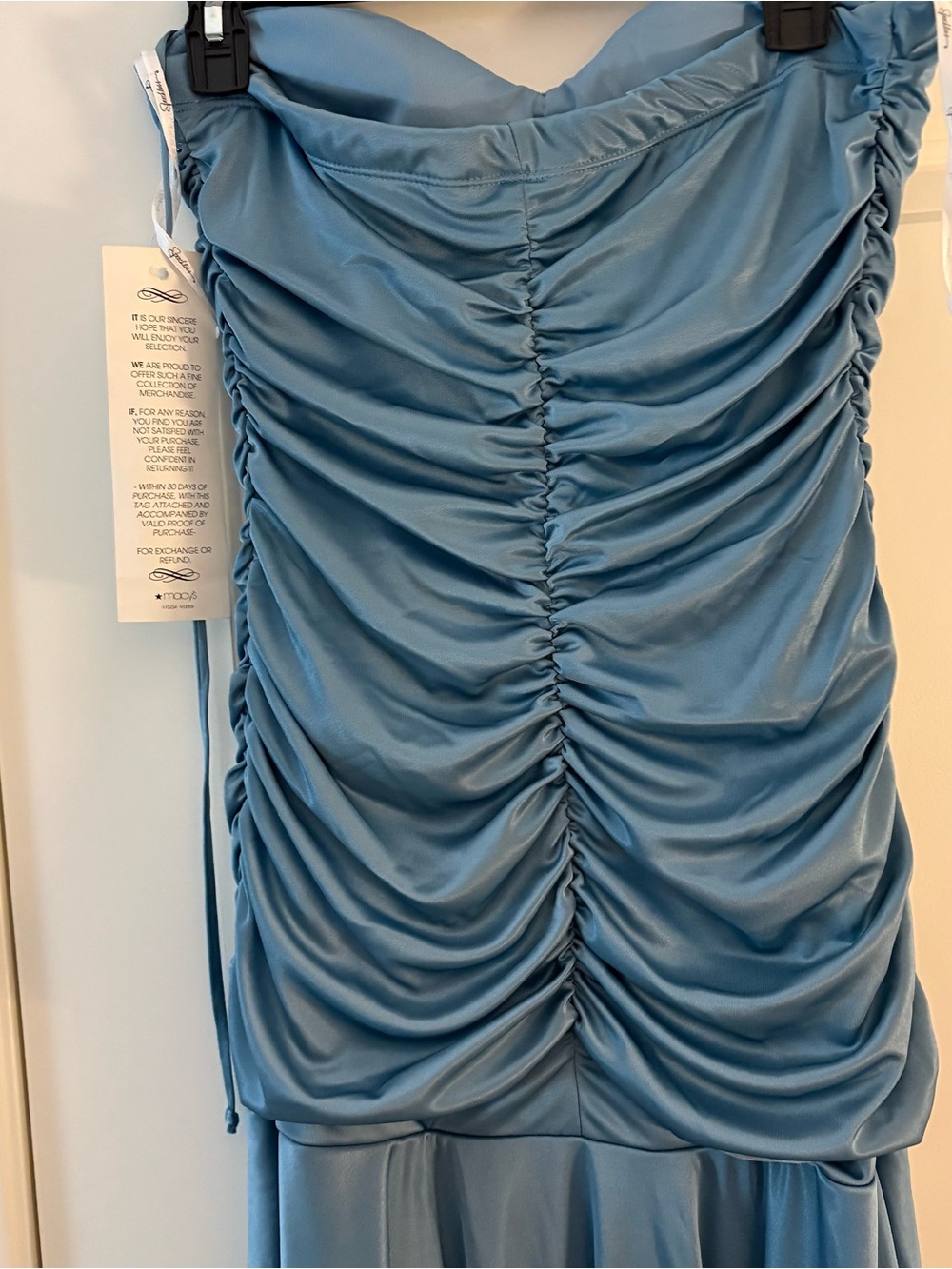 NWT Strapless Ruched Blue Cascade Evening Dress - Picture 9 of 12